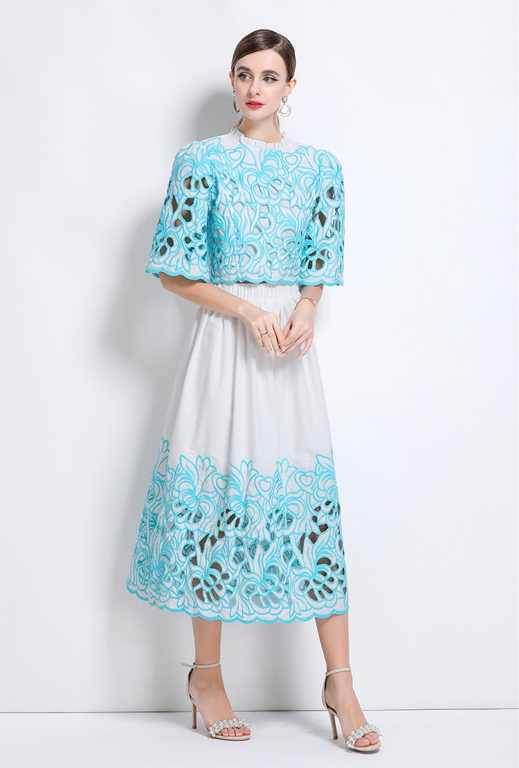 Turquoise Embroidered Lace Two Piece Dress