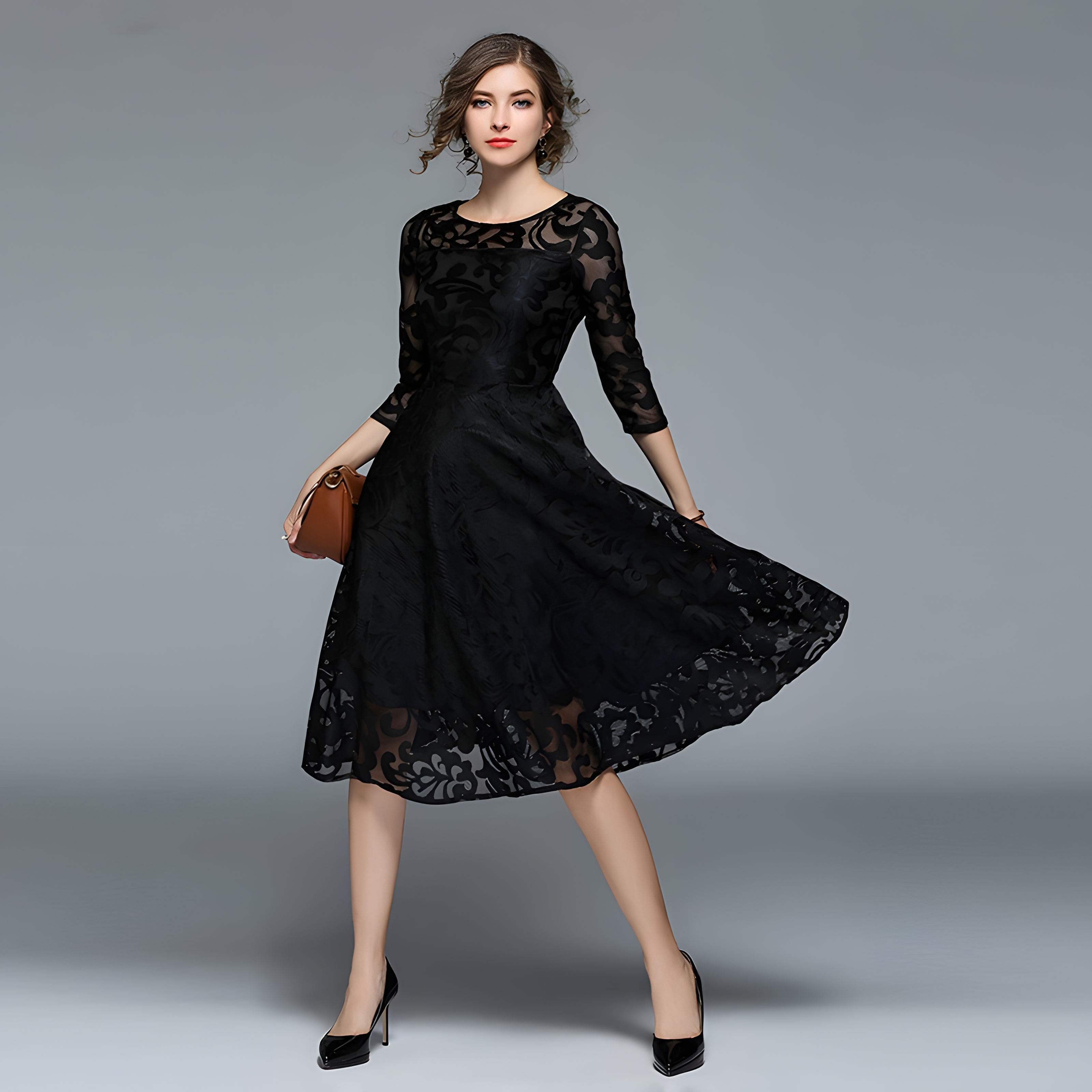 Lace Flocking Boat Neck Fitted Vest Large Hem Skirt Dress - 607715875502_BLACK