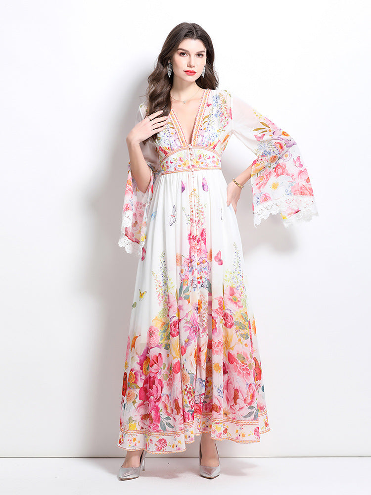 Bohemian Floral Bell-Sleeve Maxi Dress
