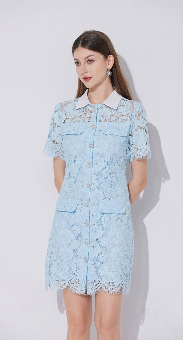 Bella Azure Collared Lace Mini Dress - 901753717898_BLUE