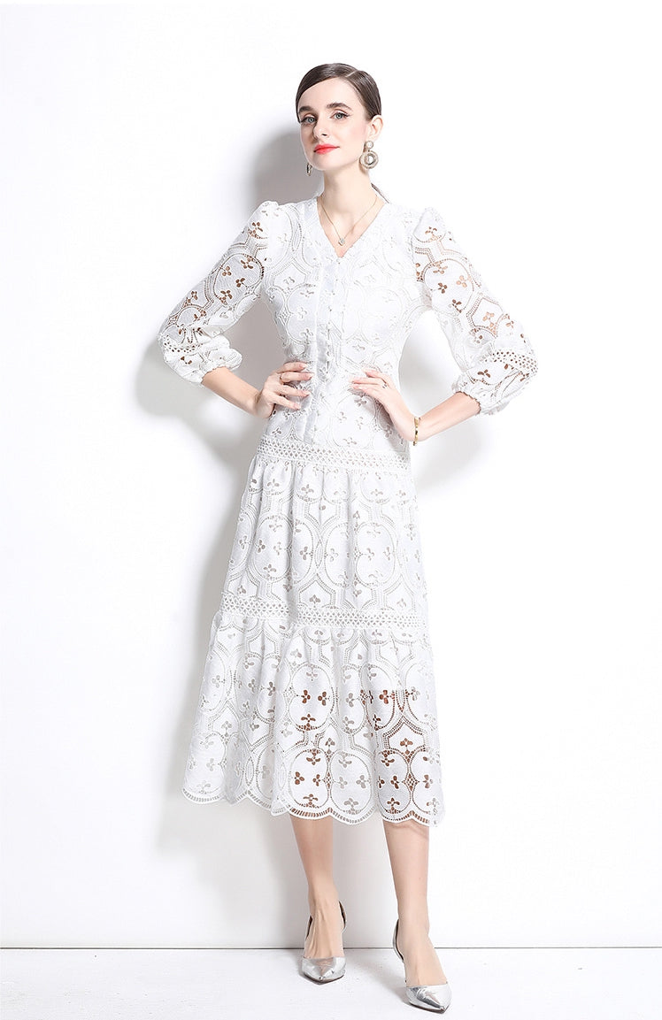 White Boho Lace Midi Dress