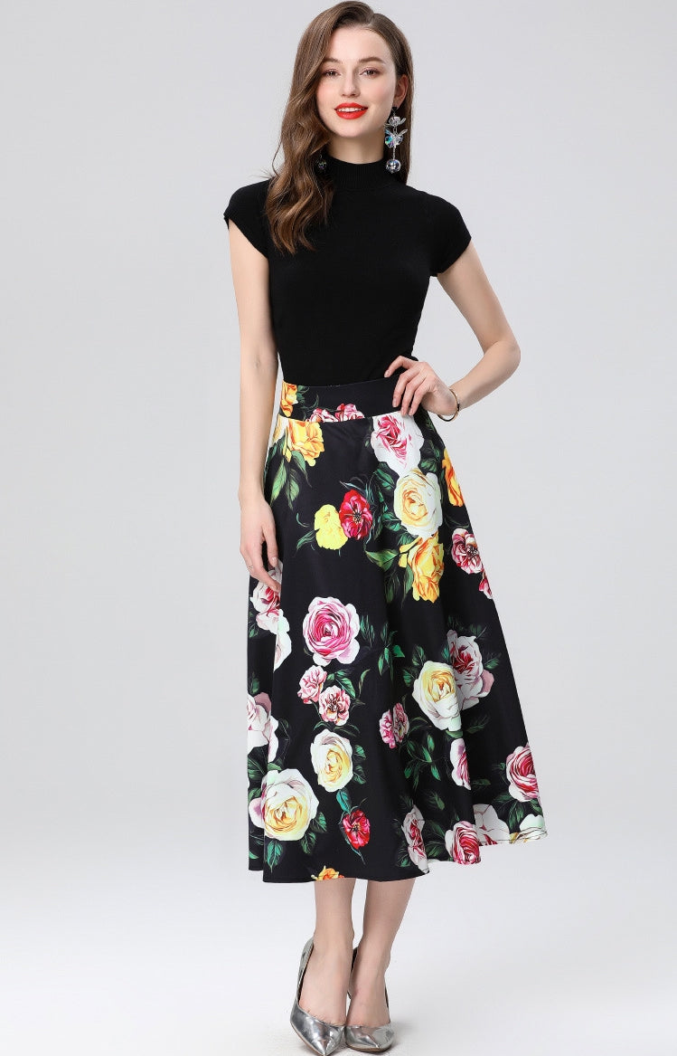 Elegant Rose Print Midi Skirt Two Piece Set