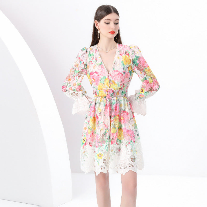 Lace Trim Floral V-Neck Dress