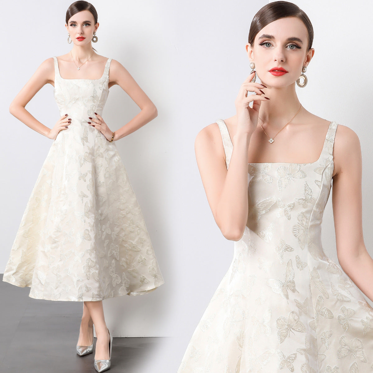 Elegant Floral Jacquard Midi Dress