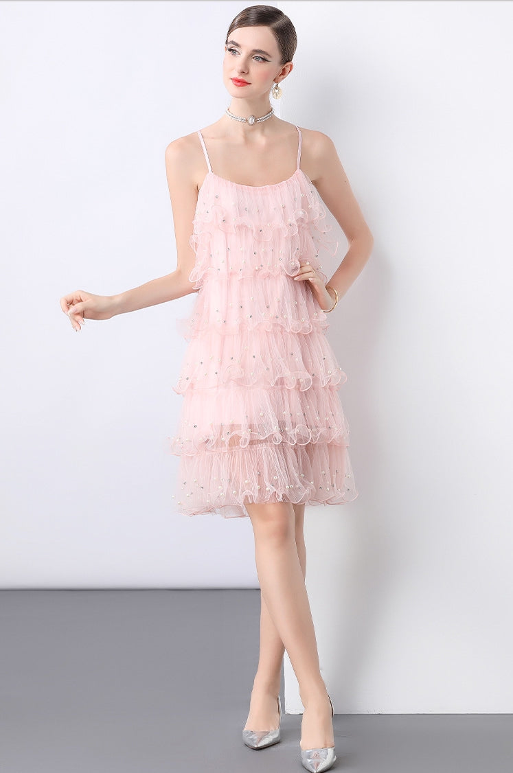Blush Pink Tiered Tulle Cocktail Dress
