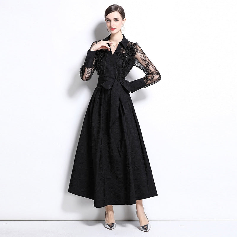 Black Lace Sleeve Belted Maxi Dress