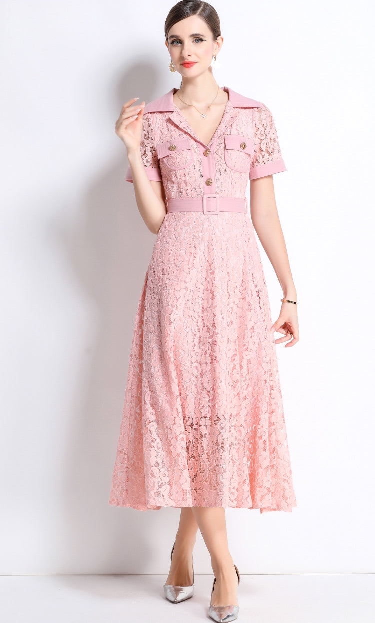 Blush Pink Lace Military Midi Dress
