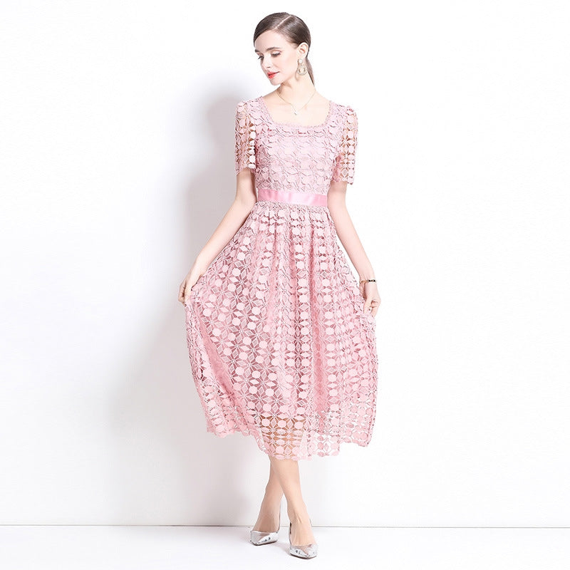 Elegant Pink Lace Midi Dress