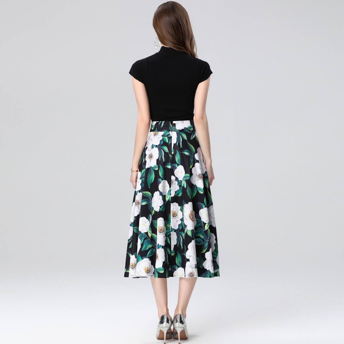 Elegant White Floral Midi Skirt Two Piece Set