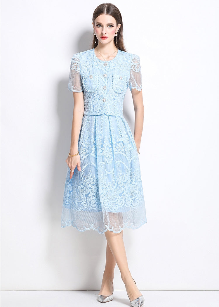 Elegant Lace Vintage Two Piece Midi Dress – Sky Blue