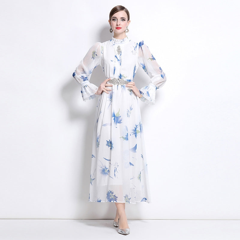 Blue Cherry Flowy Floral Tiered Chiffon Gown With Belt