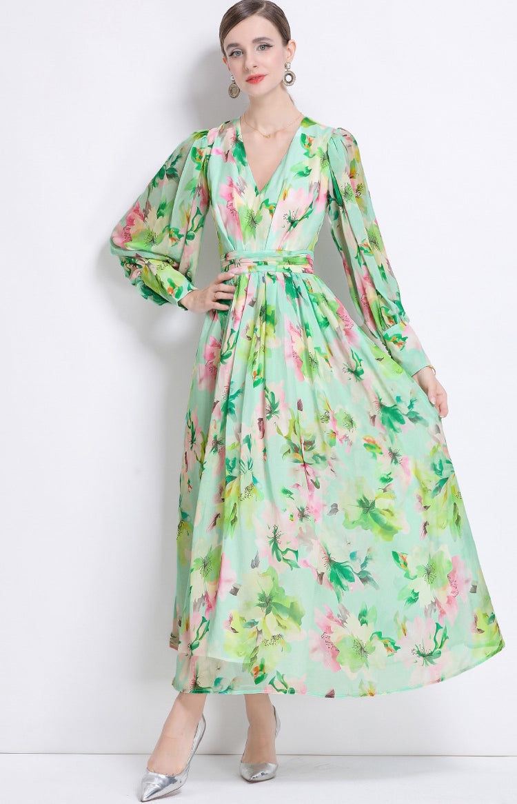 Mint Blossom Chiffon Maxi Dress