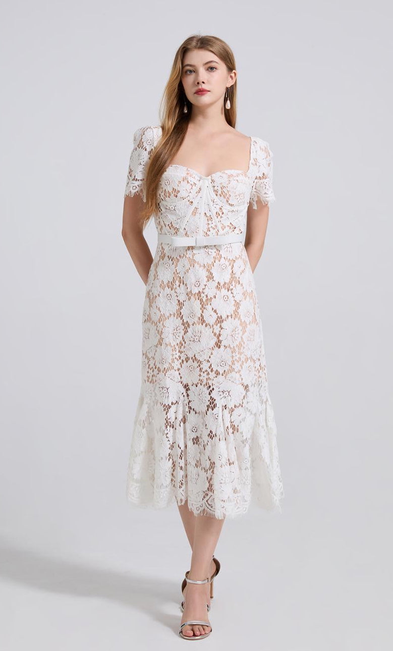 Ivory Grace Floral Lace Midi Dress - 912087138600_WHITE