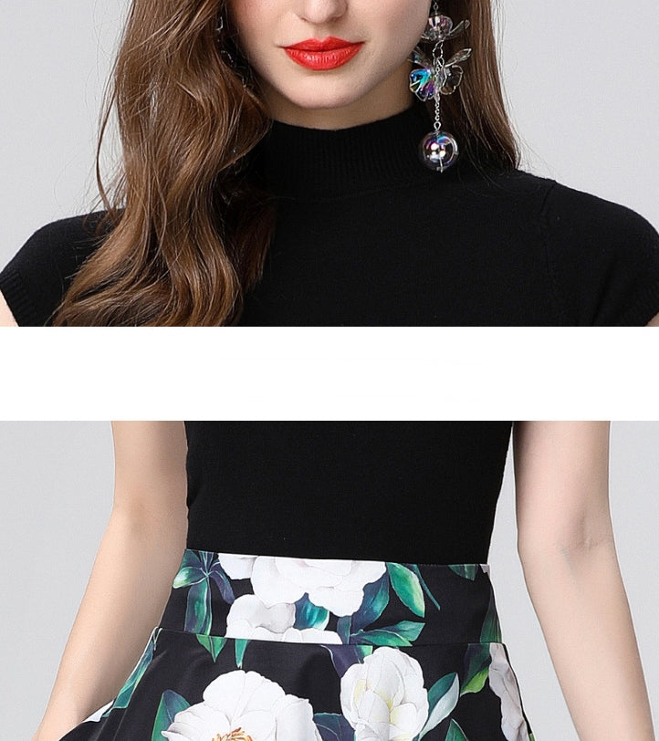 Elegant White Floral Midi Skirt Two Piece Set