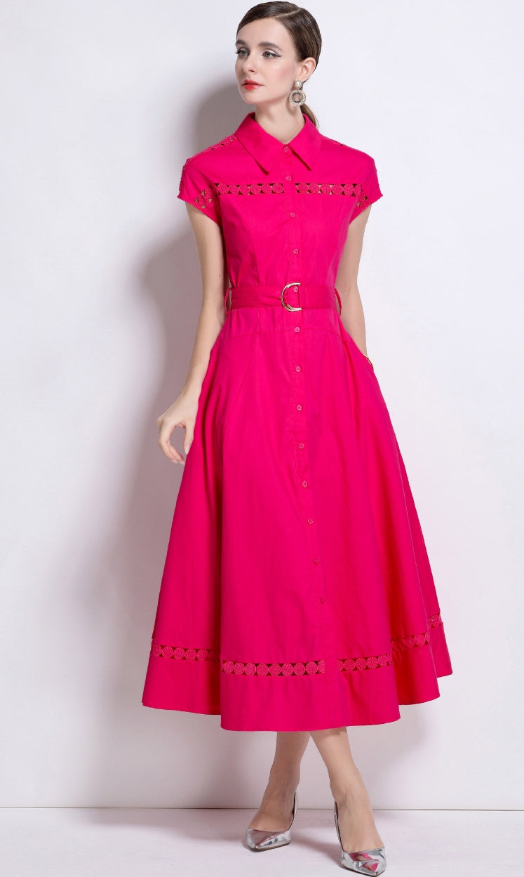 Fuchsia Flair Belted Shirt Dress