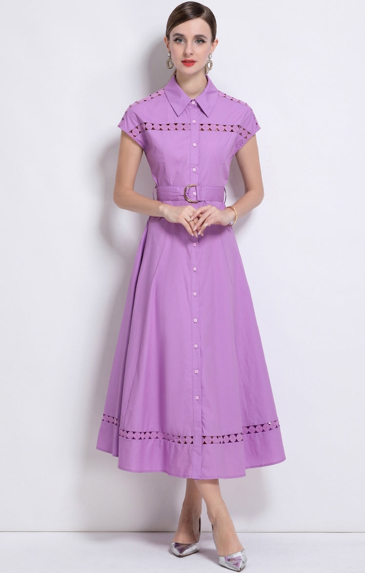 Lavender Charm Belted Shirt Dress