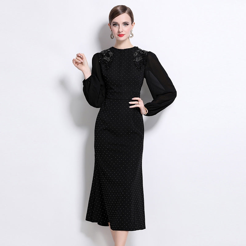 Elegant Noir Embellished Midi Dress - 918137011583_BLACK