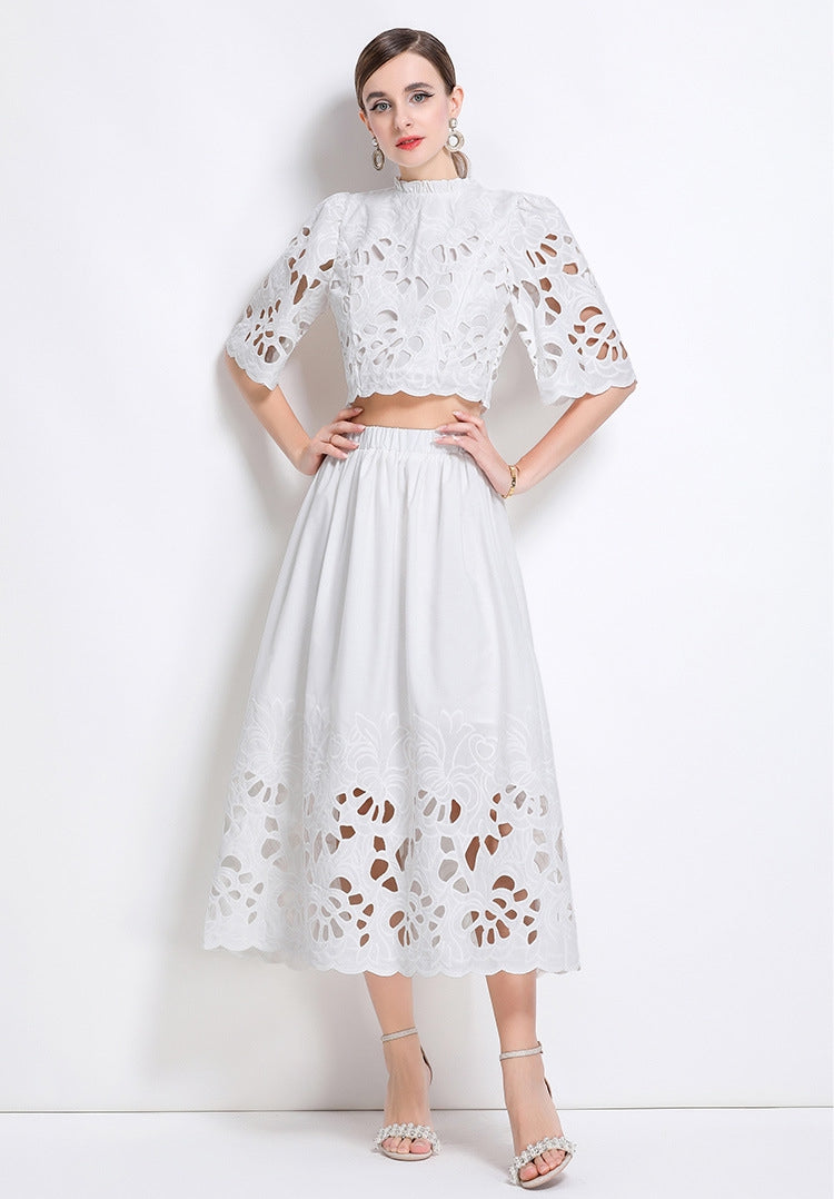 White Embroidered Cutout Two Piece Dress