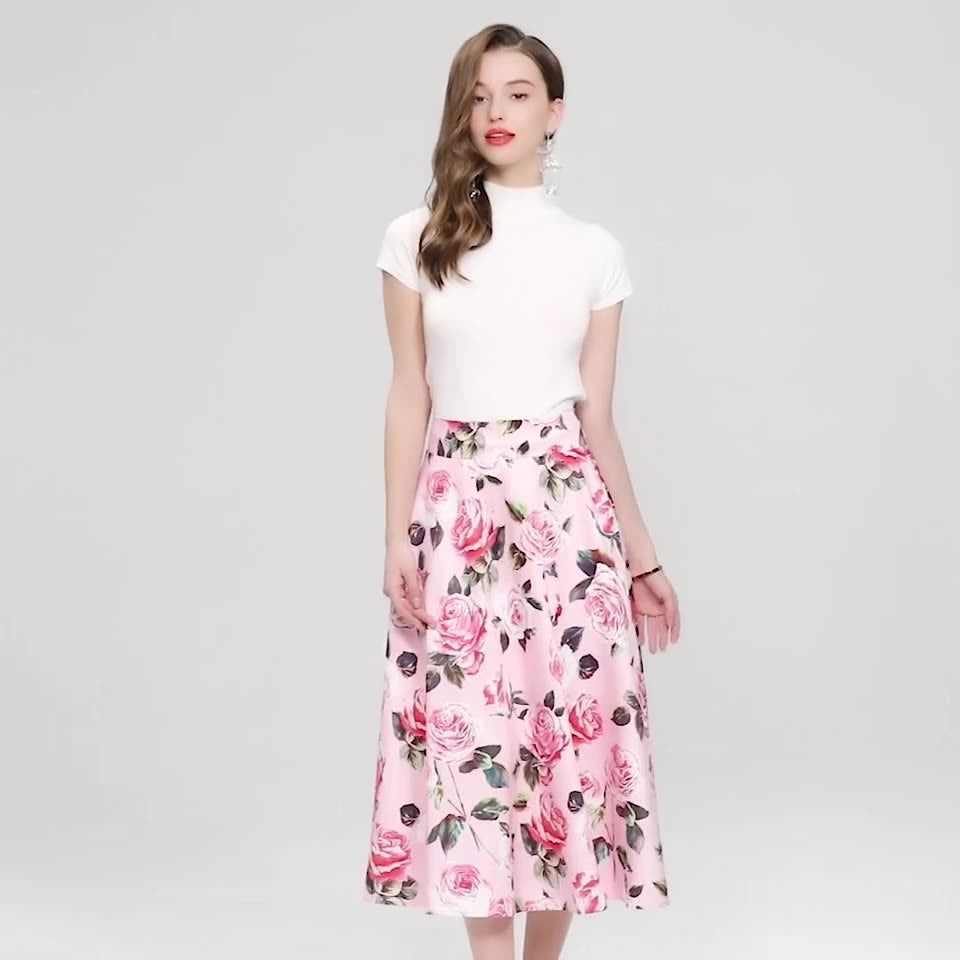 Pink Floral Midi Skirt Two Piece Set