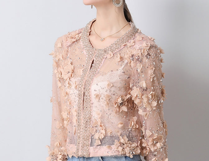 Blush Bloom Embroidered Sheer Jacket - 904547045647_BEIGE