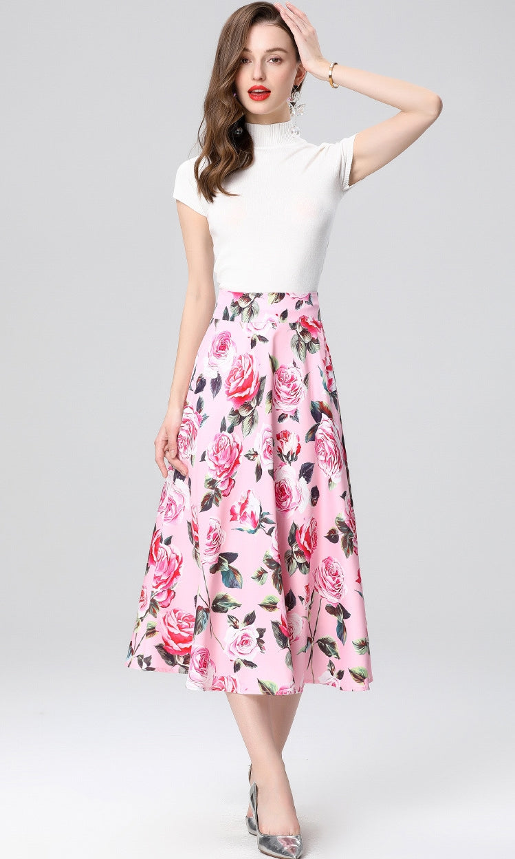 Pink Floral Midi Skirt Two Piece Set