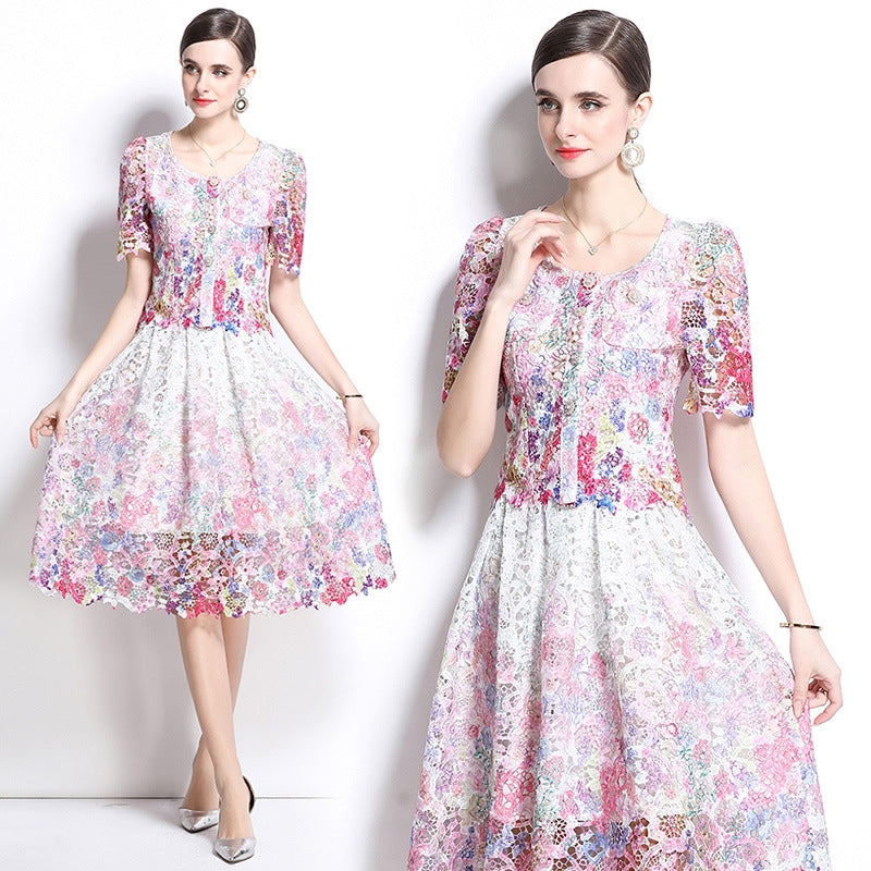 Multicolor Floral Lace Midi Two Piece Dress