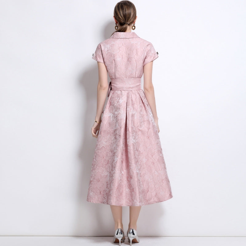 Elegant Rose Brocade Midi Dress - 913663767470_PINK