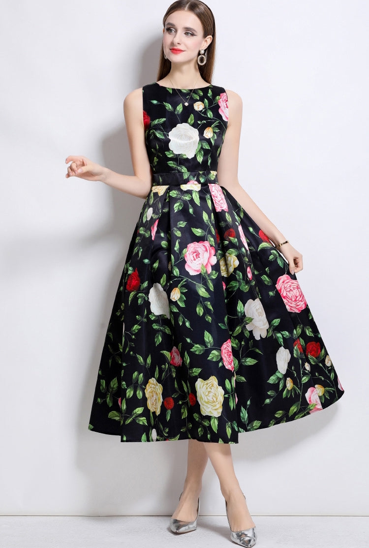 Noir Rose Elegance Midi Dress