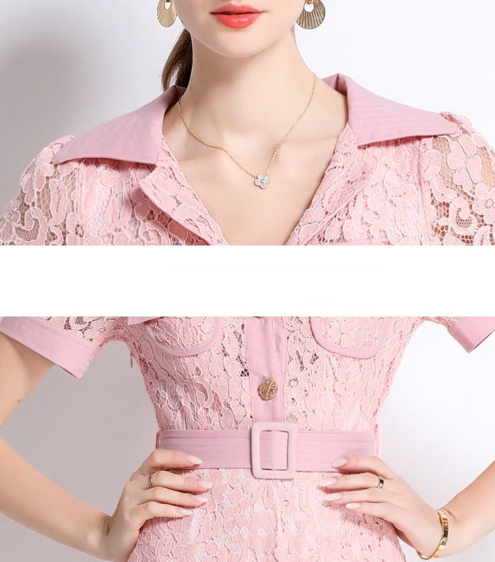 Blush Pink Lace Military Midi Dress