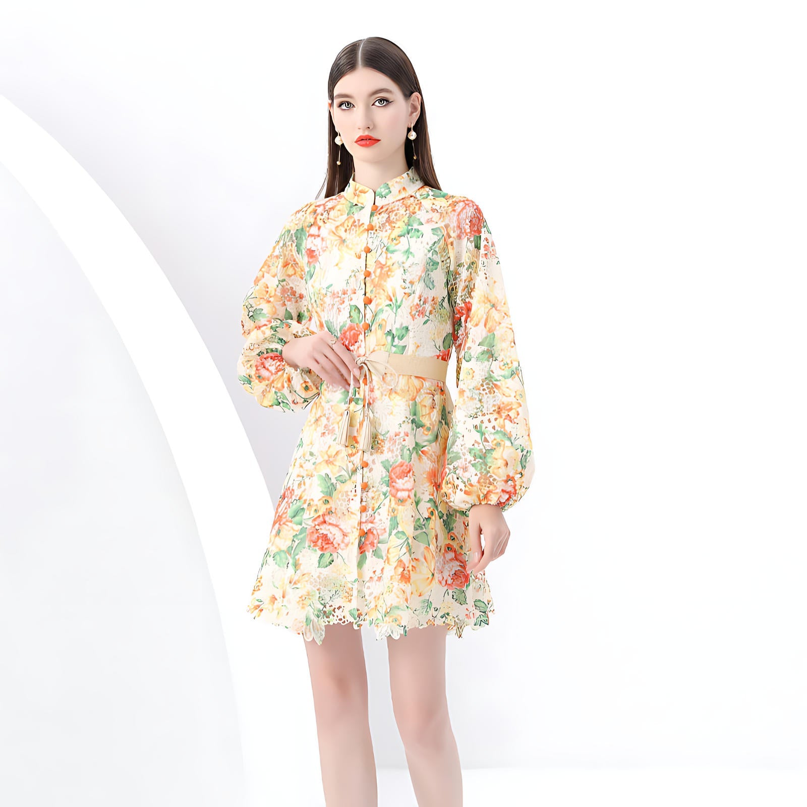 Floral Lace Belted Shirt Dress