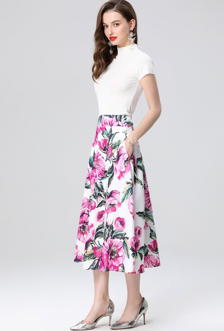 White Floral Midi Skirt Two Piece Set