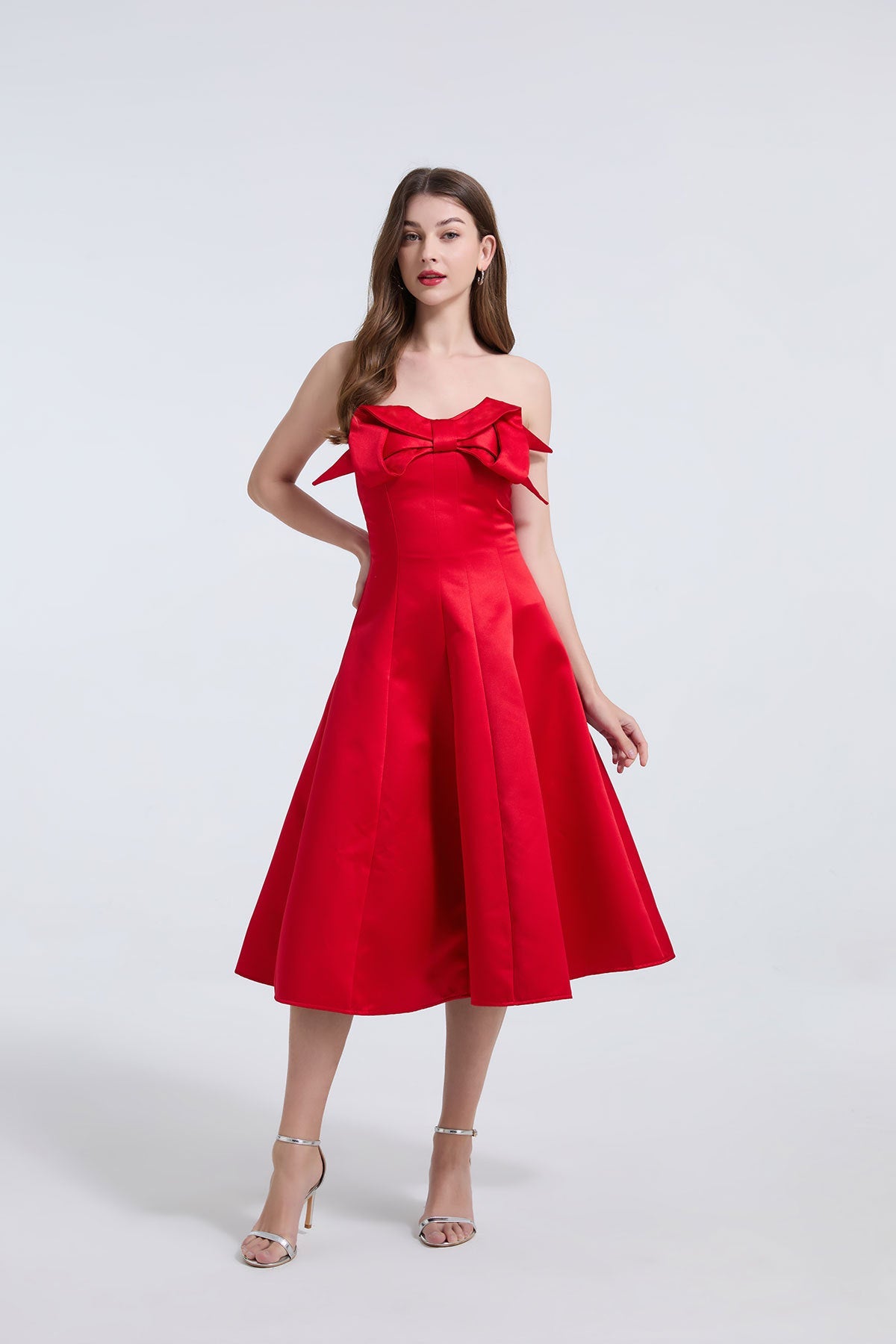 Strapless Bow Detail Satin Midi Dress - Red