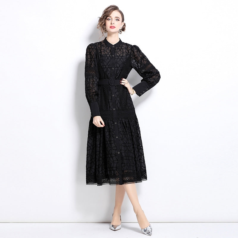 Elegant Black Lace Midi Dress with Belt