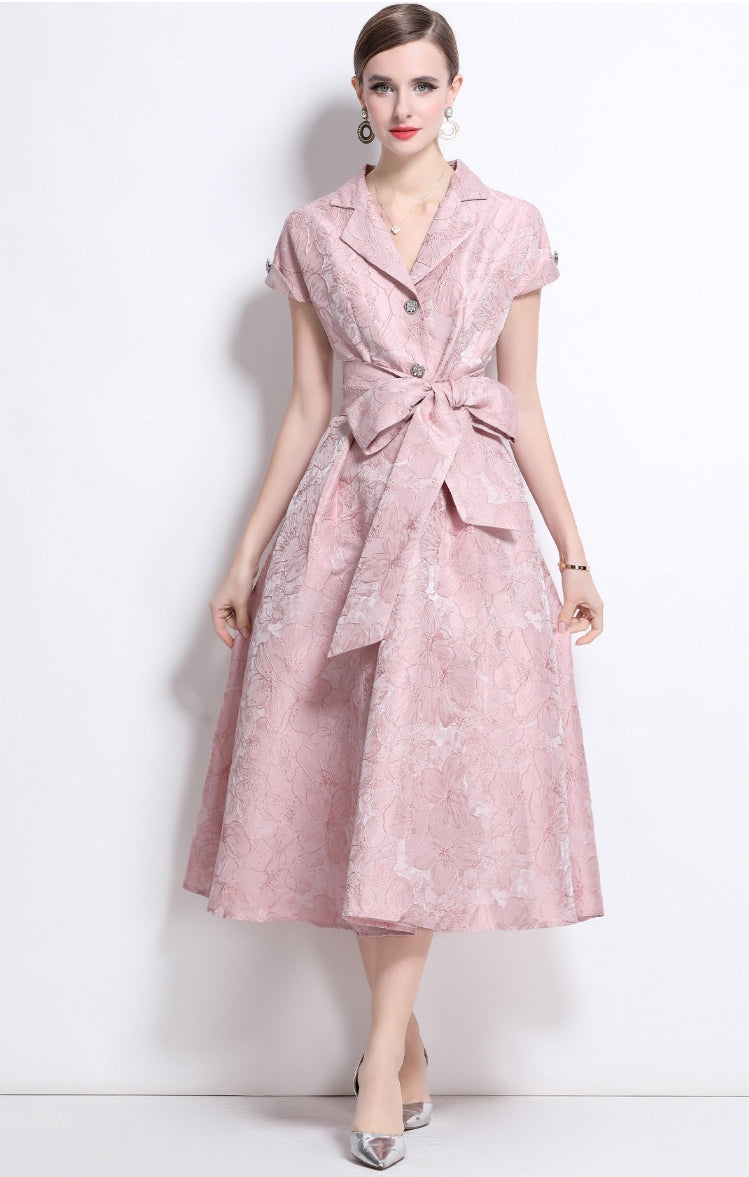 Elegant Rose Brocade Midi Dress - 913663767470_PINK