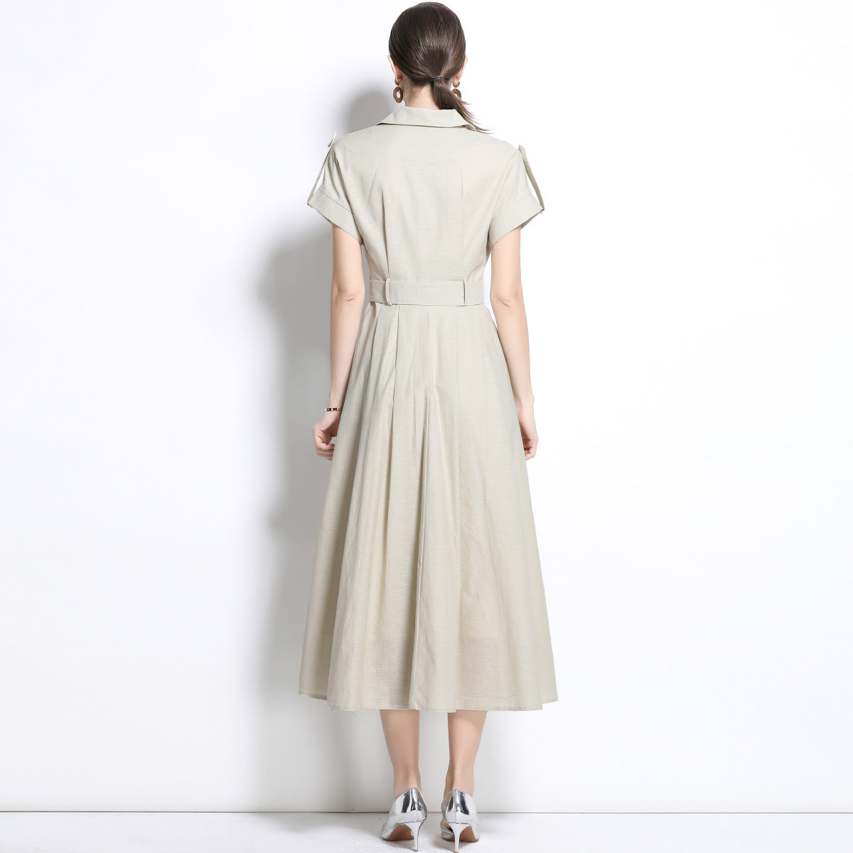 Beige Belted Military Midi Dress