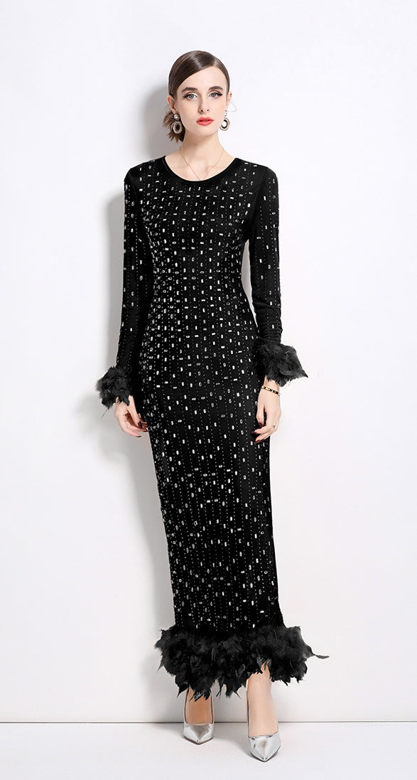 Black Heavy Embellished Stretchable Feather Sleeves Mesh Black Party Dress
