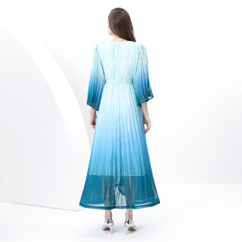 Ocean Blue Ombre Pleated Maxi Dress