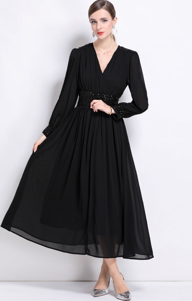 Midnight Grace Sequin Waist Maxi Dress