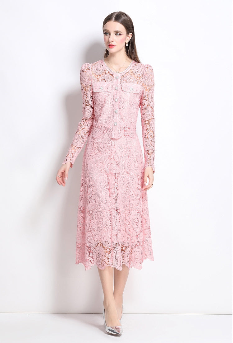Elegant Long-Sleeve Lace Midi Dress – Blush Pink