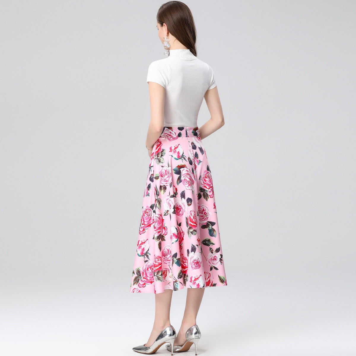 Pink Floral Midi Skirt Two Piece Set