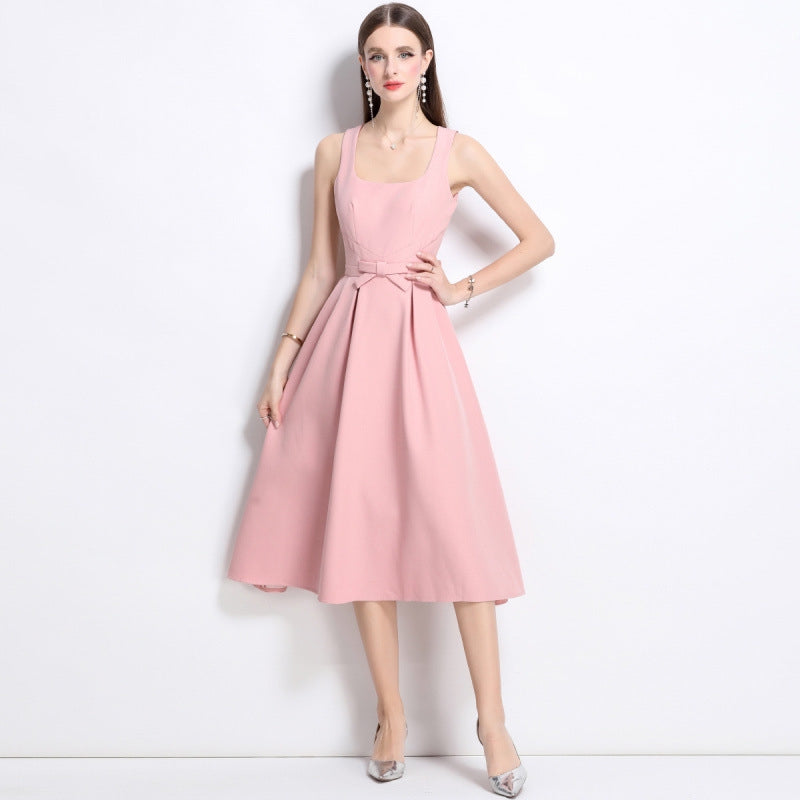 Elegant Rose Midi Bow Dress - 901083289296_PINK