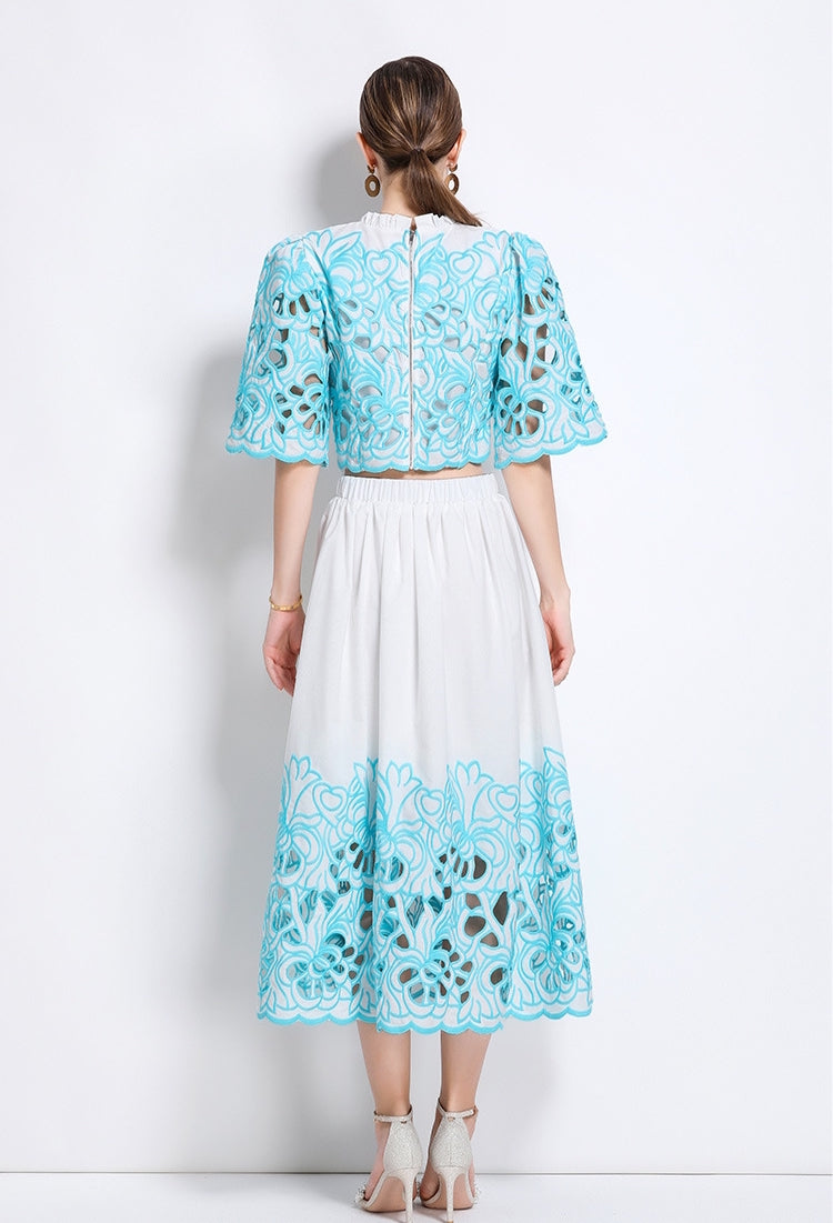 Turquoise Embroidered Lace Two Piece Dress