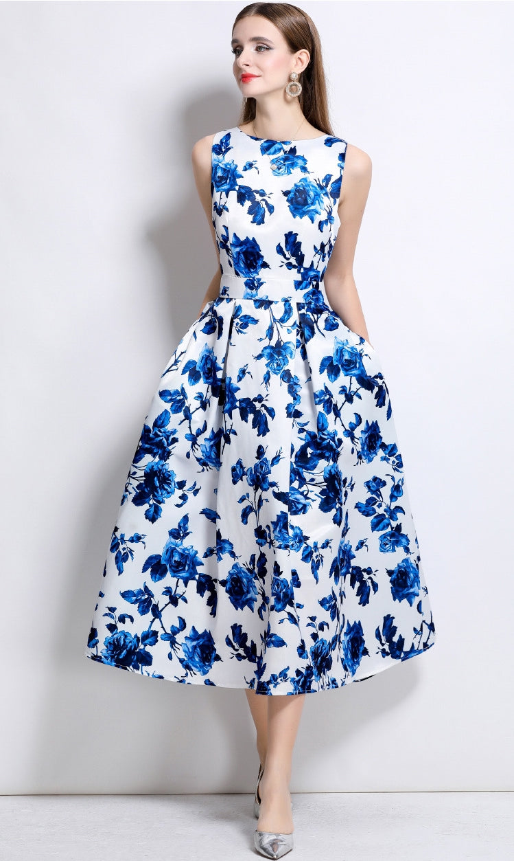 Sapphire Bloom Sleeveless Midi Dress