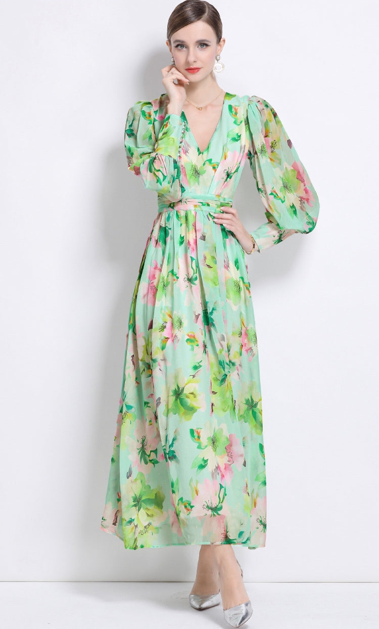 Mint Blossom Chiffon Maxi Dress