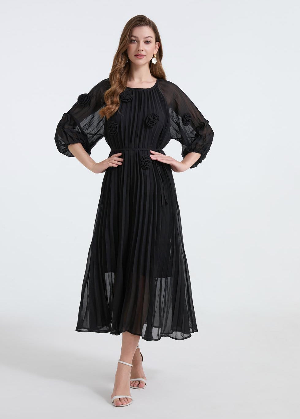 Midnight Bloom Pleated Chiffon Dress - 906472342218_BLACK
