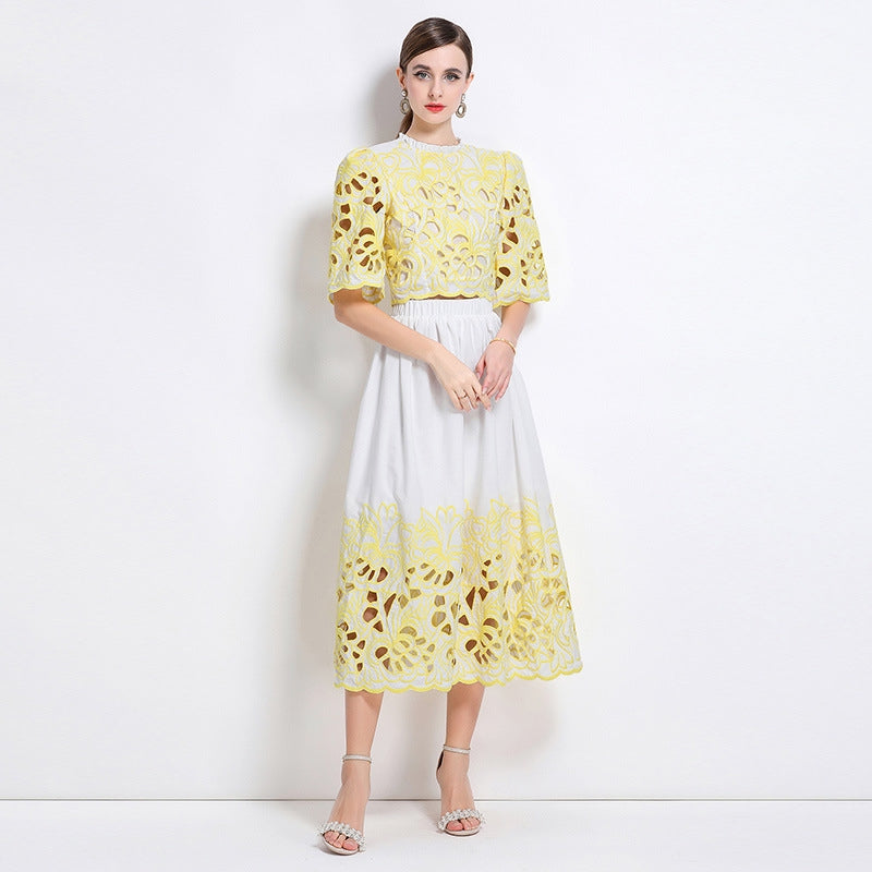 Yellow Embroidered Cutout Two Piece Dress