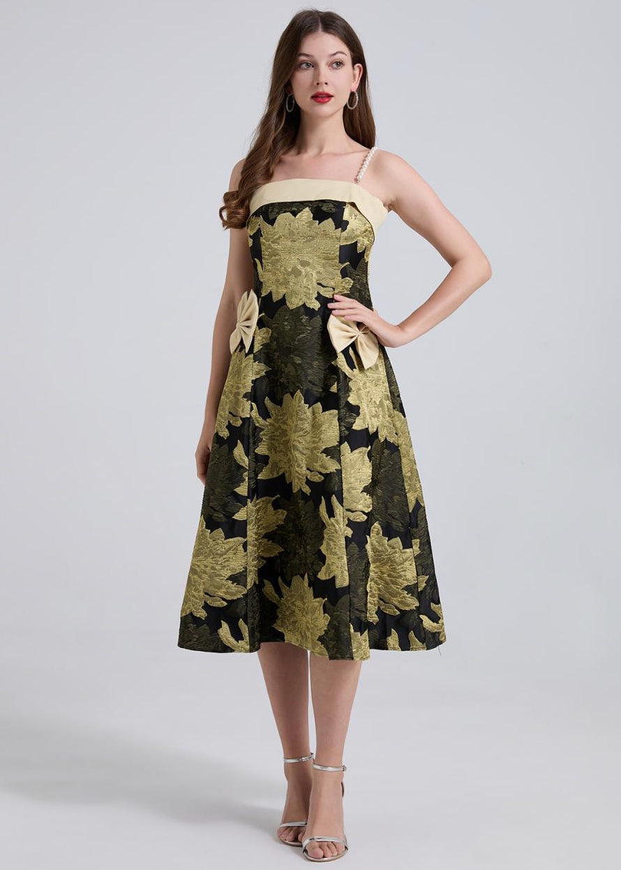 Golden Bloom Jacquard Midi Dress