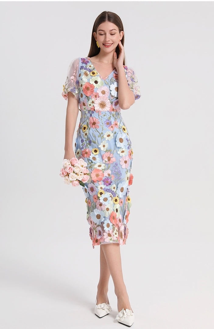 Blooming Garden Embroidered Midi Dress - 906548043201_BLUE