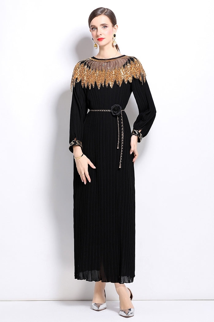 Elegant Black Maxi Dress with Gold Embellishments
