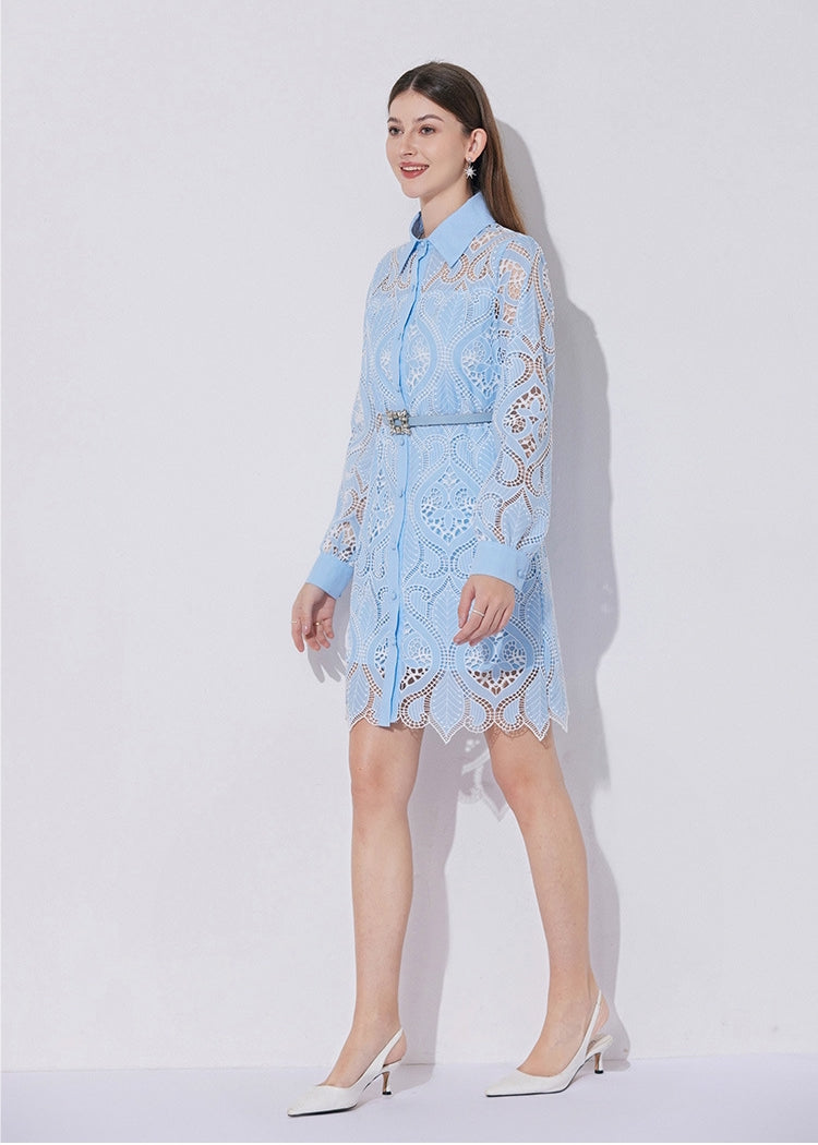 Celestial Eyelet Belted Shirt Dress - 901028103574_BLUE